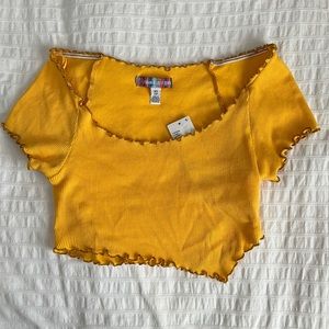 Brand New Cropped Asymmetrical Lettuce Edge bright mustard, exposed seem top.